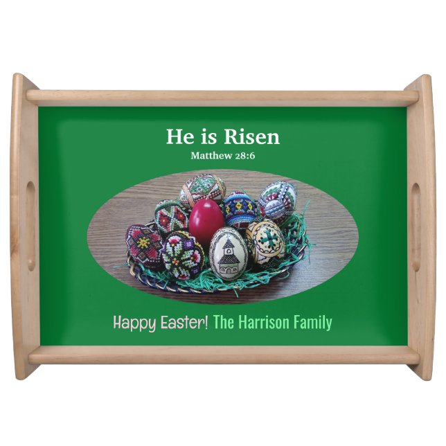 Religious He Is Risen Decorated Easter Eggs Cross  Serving Tray (Front)
