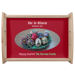 Religious He Is Risen Decorated Easter Eggs Cross  Serving Tray