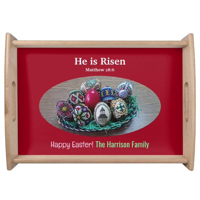 Religious He Is Risen Decorated Easter Eggs Cross  Serving Tray (Front)