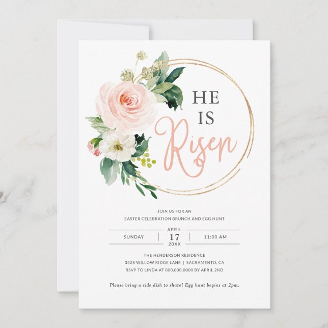 Religious He is Risen Easter Brunch Egg Hunt Invitation (Front)