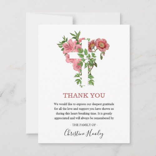 Religious Holy Cross Pink Floral Beareavement Thank You Card