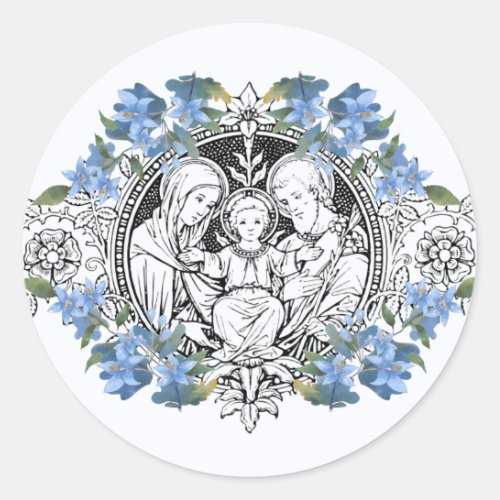 Religious Holy Family Elegant Blue Floral Classic Round Sticker