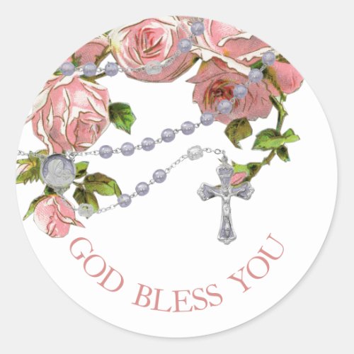 Religious Holy Rosary Pink Roses Floral Cross Clas Classic Round Sticker