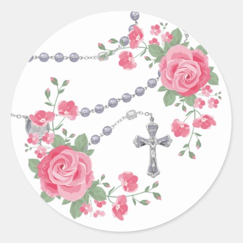 Religious Holy Rosary Pink Roses Floral  Cross Classic Round Sticker