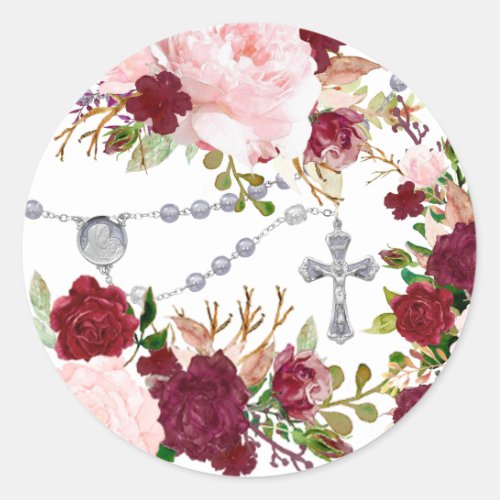 Religious Holy Rosary Pink Roses Floral  Square  Classic Round Sticker