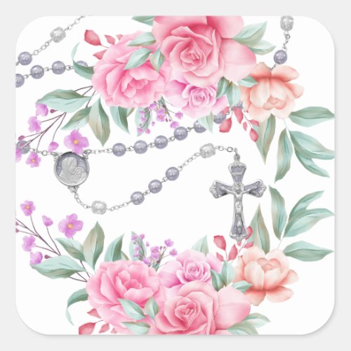 Religious Holy Rosary Pink Roses Floral  Square Sticker