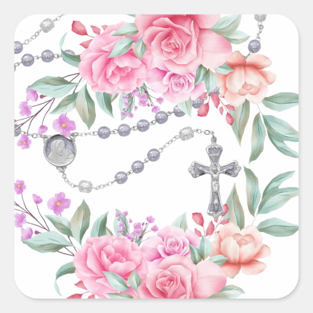 Religious Holy Rosary Pink Roses Floral  Square Sticker (Front)
