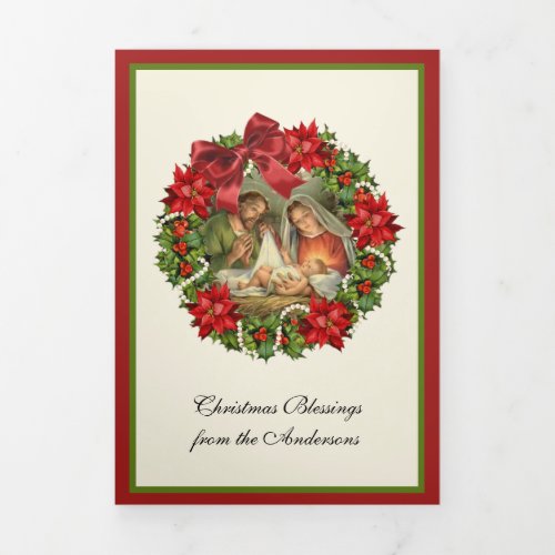 Religious Jesus Mary Joseph Nativity Poinsettia  Tri_Fold Holiday Card
