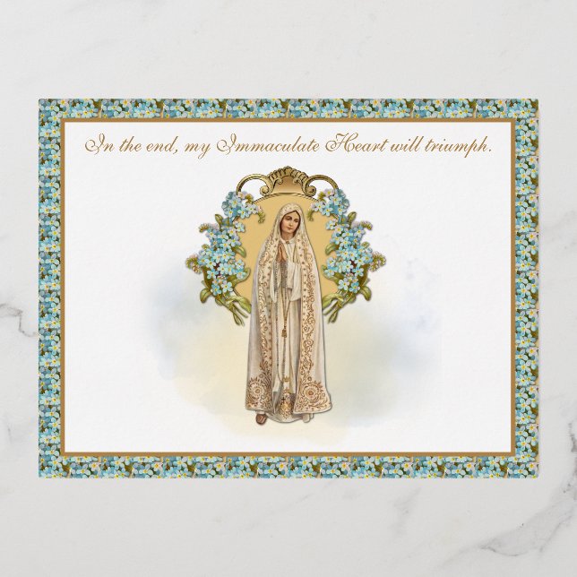 Religious Lady of Fatima Catholic Immaculate Heart Foil Invitation Postcard (Front)