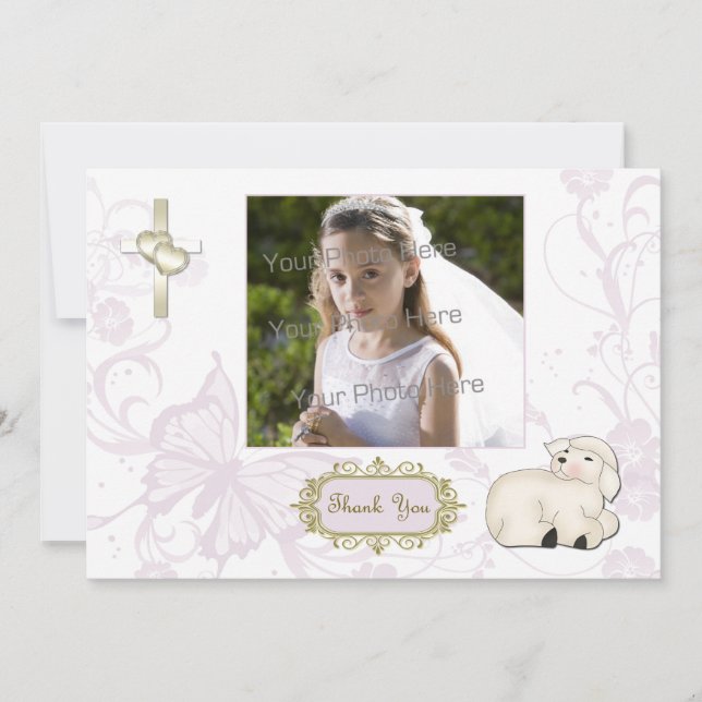 Religious Lamb, Cross, Purple Floral Photo Card (Front)