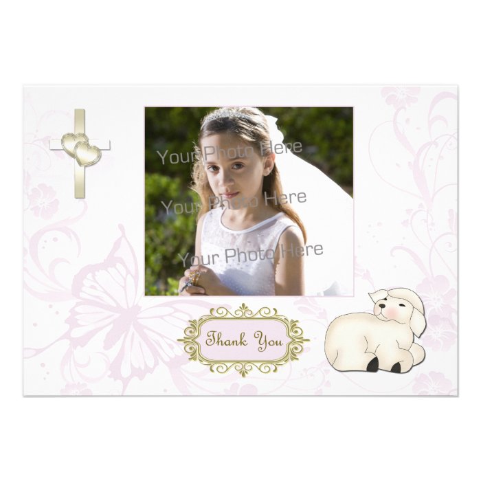 Religious Lamb, Cross, Purple Floral Photo Card Custom Invitation