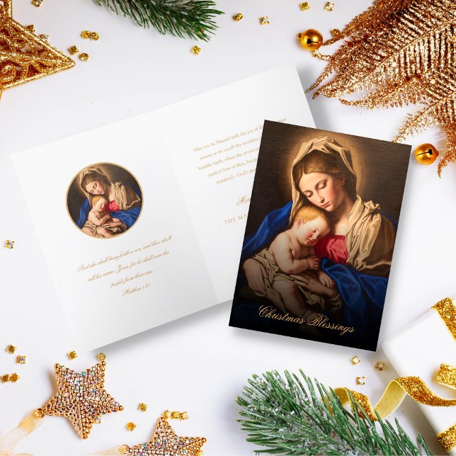 Religious Madonna & Child Bible Verse Christmas Holiday Card (Religious Christmas card for Catholics and Christians in gold and white)