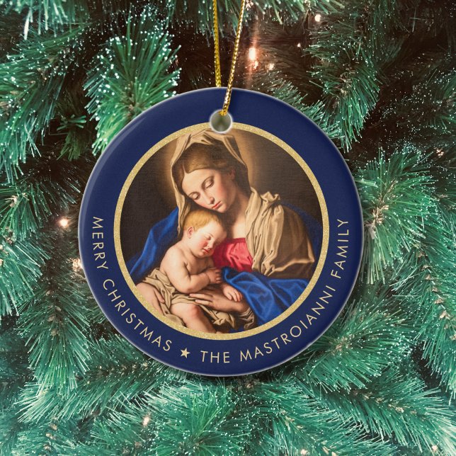 Religious Madonna & Child Catholic Christmas Gift  Ceramic Ornament (Catholic Christmas ornament with Madonna and Child in midnight blue and gold with family name)