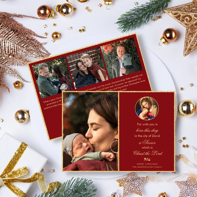 Religious Madonna & Child Catholic Photo Christmas Holiday Card (Red and gold religious Christmas card with family photo collage and image of the Madonna and Child)