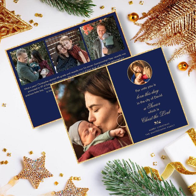 Religious Madonna & Child Catholic Photo Christmas Holiday Card (Midnight blue and gold religious Christmas card for Catholics and Christians with Madonna and Child)