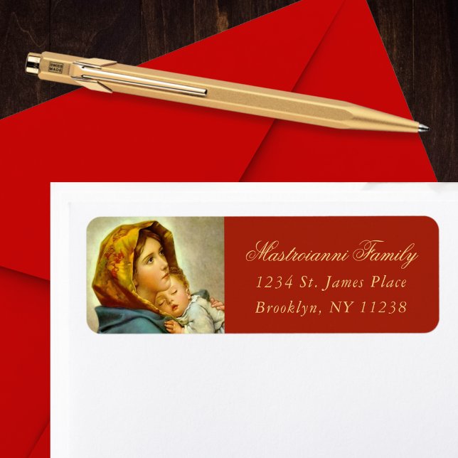 Religious Madonna & Child Christmas Holiday Label (Madonna & Child religious Christmas card return address label in red and gold for Christians.)
