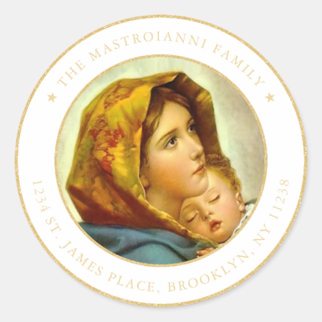 Religious Madonna & Child Christmas Return Address Classic Round Sticker (Front)