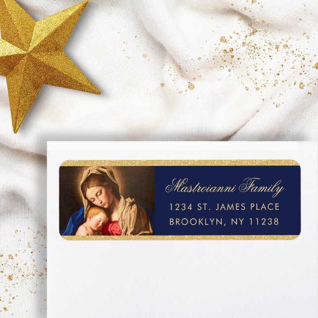Religious Madonna & Child Christmas Return Address Label (Religious Christmas address label in midnight blue and gold with the Madonna and Child for Catholics)