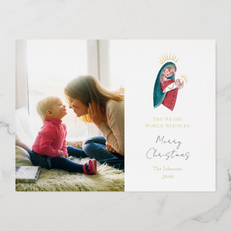 Religious Maria &amp; baby Jesus Christmas Foil Holiday Postcard