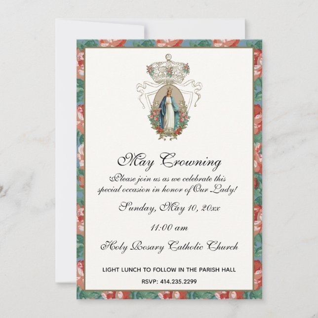 Religious May Crowning Mary Mothers Day Roses Invitation (Front)