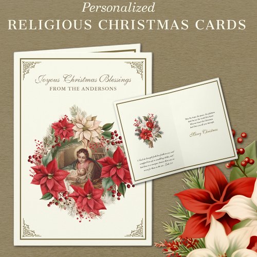Religious Merry Christmas Nativity Poinsettias Holiday Card