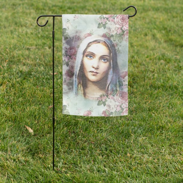 RELIGIOUS MOTHER MARY FLORAL ROSES CATHOLIC GARDEN FLAG (In SItu)