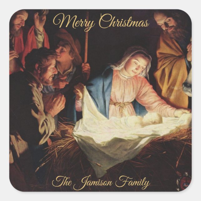 Religious Nativity Gold Calligraphy Christmas Gift Square Sticker (Front)