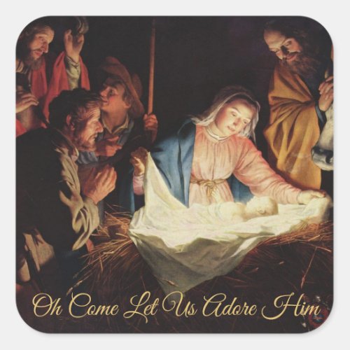 Religious Nativity Gold Script Christmas Card Square Sticker