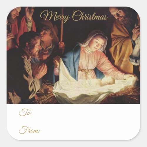 Religious Nativity Gold Script Christmas Gift Square Sticker