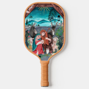 Religious nativity scene blue, red Mary & Jesus Pickleball Paddle