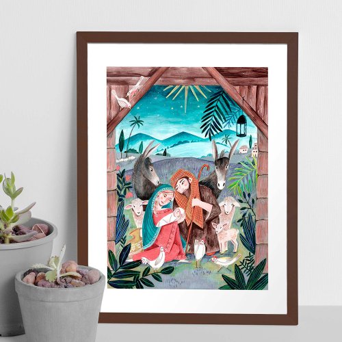 Religious nativity scene blue red Mary  Joseph H Poster