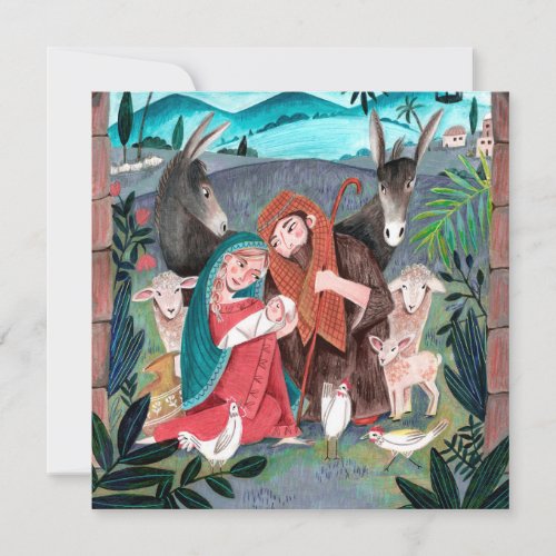 Religious nativity scene blue red Mary  Joseph Holiday Card