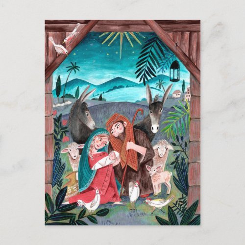 Religious nativity scene blue red Mary  Joseph Holiday Postcard