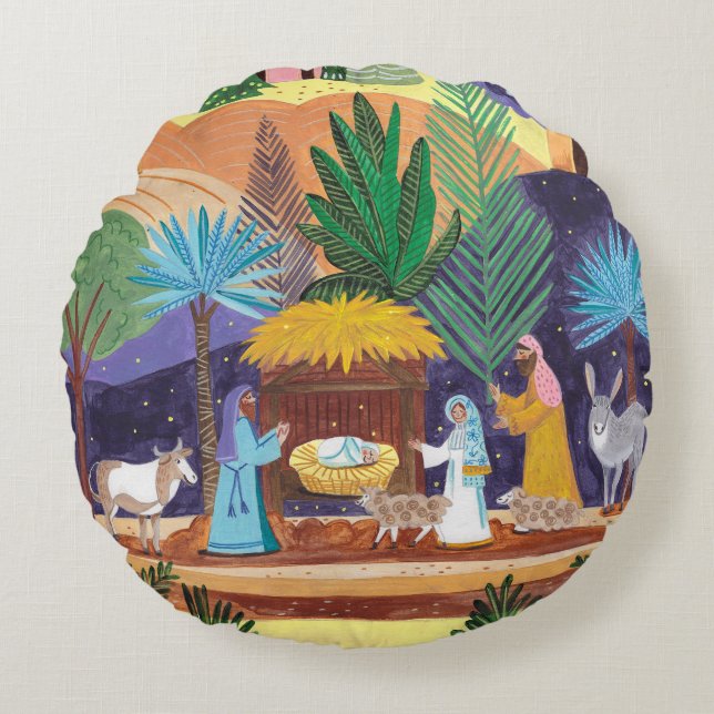 Religious Nativity Scene Glory to God Christmas Round Pillow (Front)