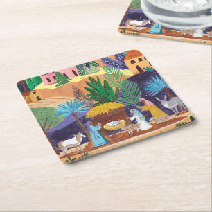 Religious Nativity Scene Glory to God Christmas Square Paper Coaster