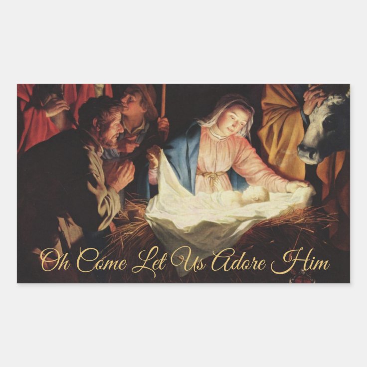 Religious Nativity Scene Gold Calligraphy Rectangular Sticker Zazzle