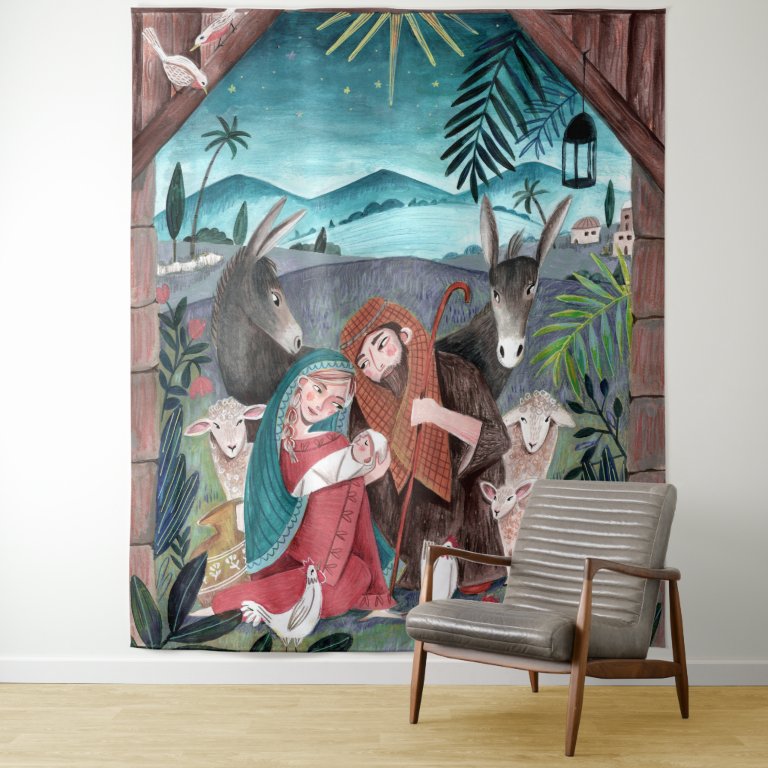 Religious nativity scene Mary &amp; baby Jesus Tapestry