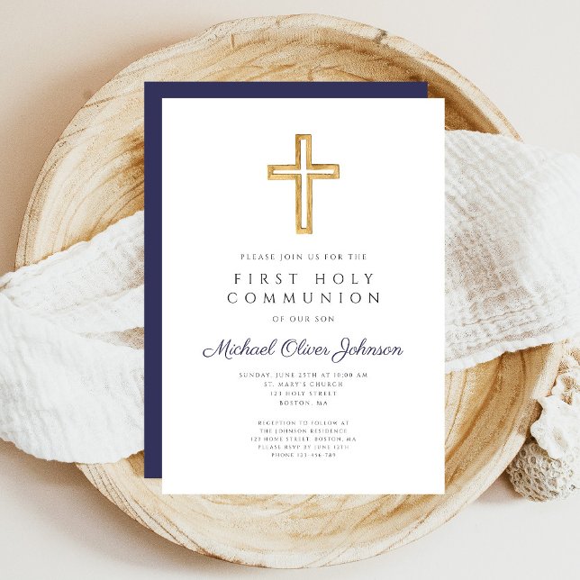 Religious Navy Blue Boy First Communion Invitation (Religious Navy Blue Boy First Communion Invitation)