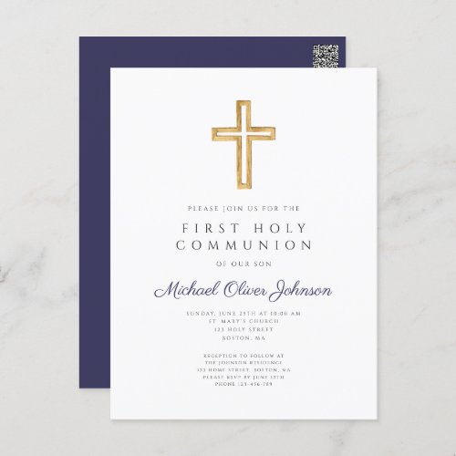 Religious Navy Blue Boy First Communion Invitation Postcard