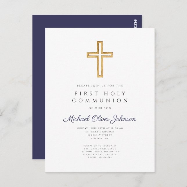 Religious Navy Blue Boy First Communion Invitation Postcard (Front/Back)