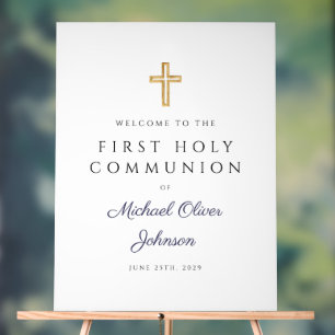 Religious Navy Blue Boy First Communion Welcome Acrylic Sign