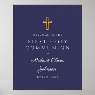 Religious Navy Blue Boy First Communion Welcome Poster