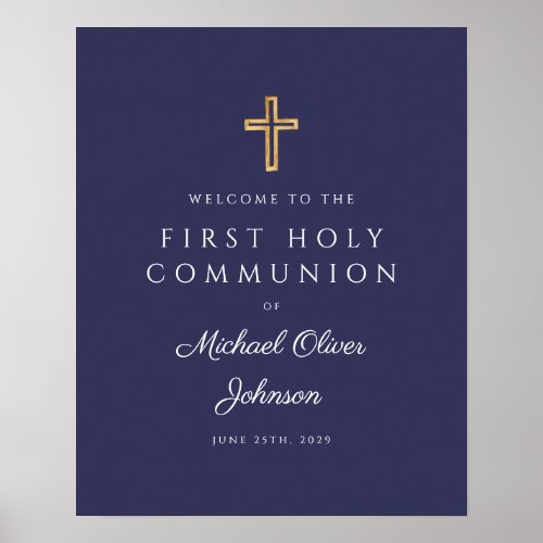 Religious Navy Blue Boy First Communion Welcome  Poster