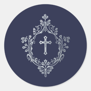 Religious Navy Blue Faux Silver Cross in Crest Classic Round Sticker