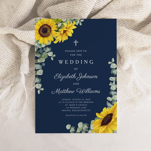Religious Navy Blue Floral Sunflower Wedding Invitation