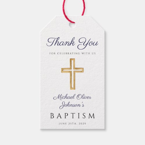 Religious Navy Blue Script Cross Boy Baptism Gift Tags