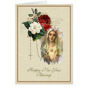 Religious New Year Virgin Mary Rosary Floral Cards