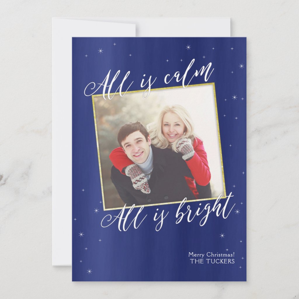 Religious Photo Christmas Card, Navy Blue Gold Holiday Card