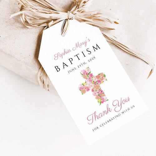 Religious Pink Floral Cross Baptism Thank You Gift Tags