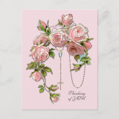 Religious Pink Roses Rosary Virgin Mary Vintage Postcard
